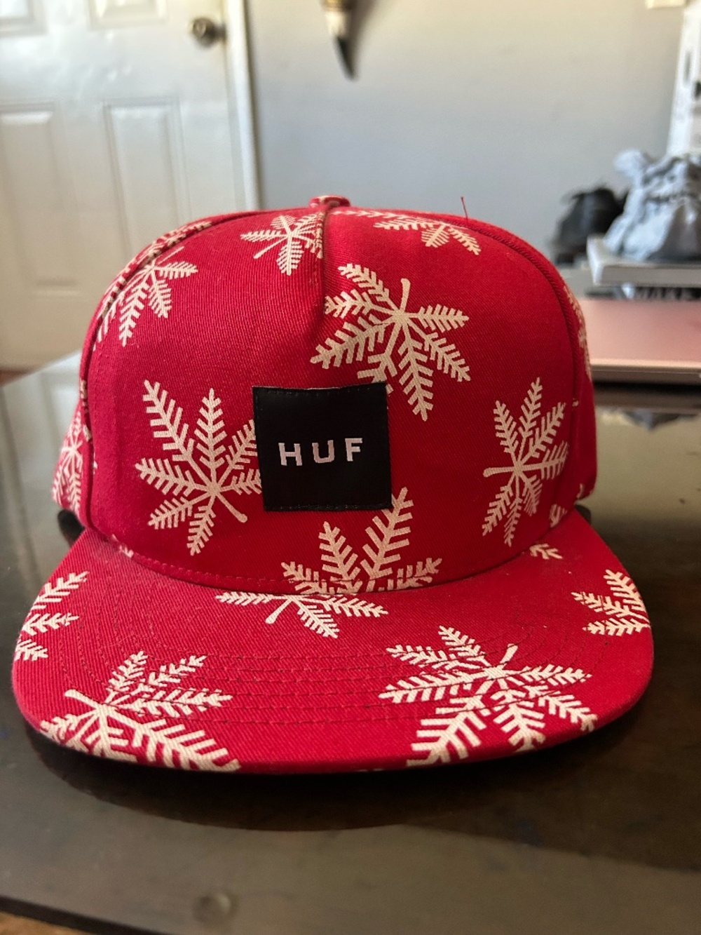 HUF Red All Over Snowflake Print Snapback Cap Hat One Size